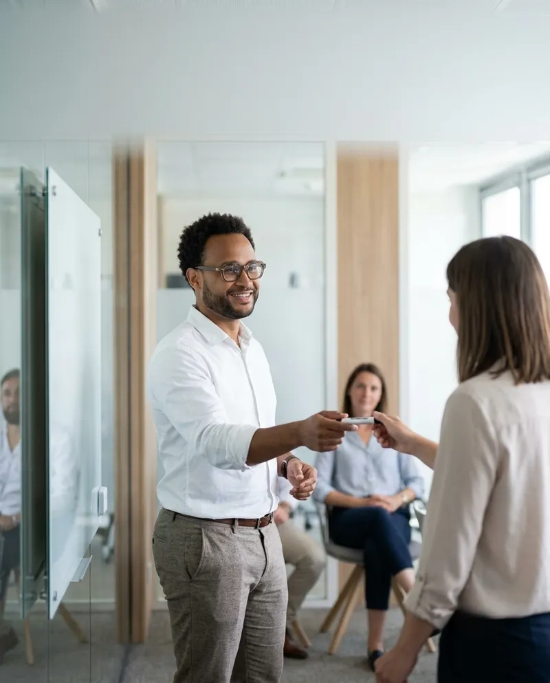 Formation en entreprise, échange entre le formateur et une participante